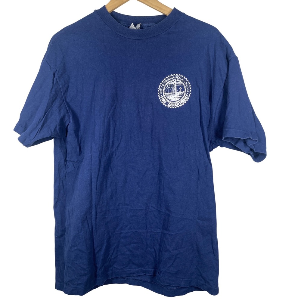 Vintage Hanes Beefy-T Virginia Beach Fire Dept T-Shirt Navy Blue Large USA Made